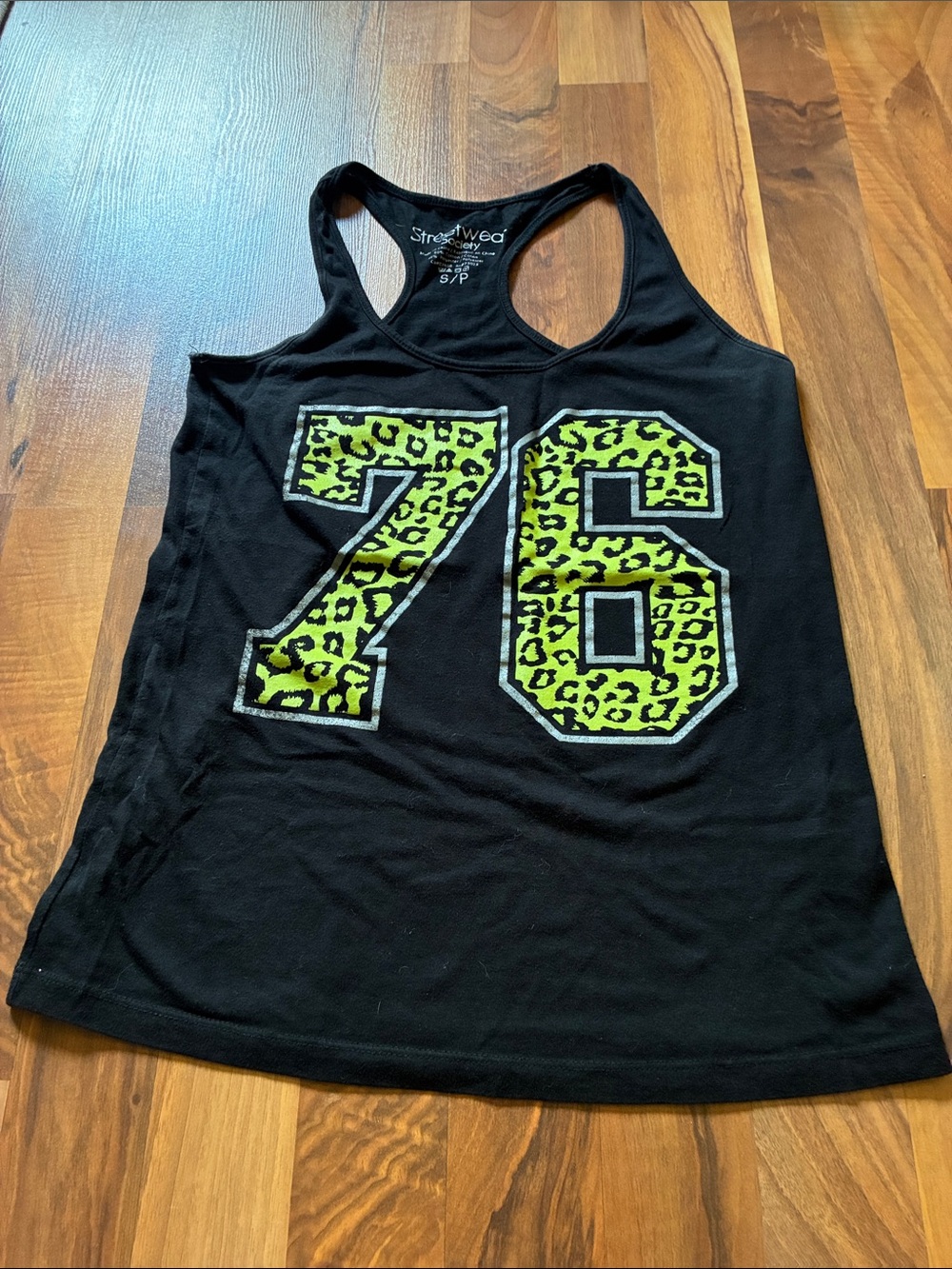 Streetwear Society Black Tank with Neon Green Leopard '76' Graphic